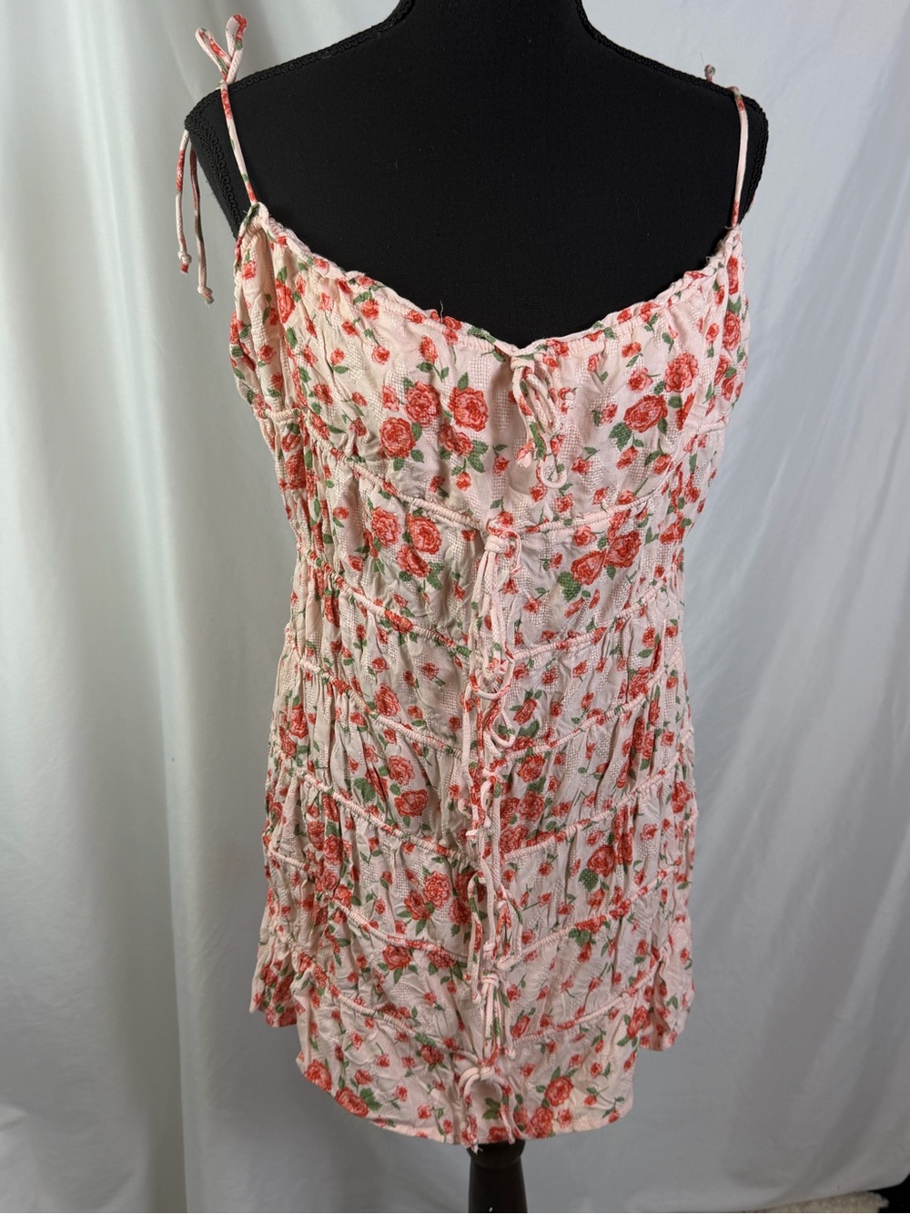 Floral Ruched Tie Strap Mini Dress Pink Rose Cottagecore Coquette Babydoll L - Picture 2 of 8